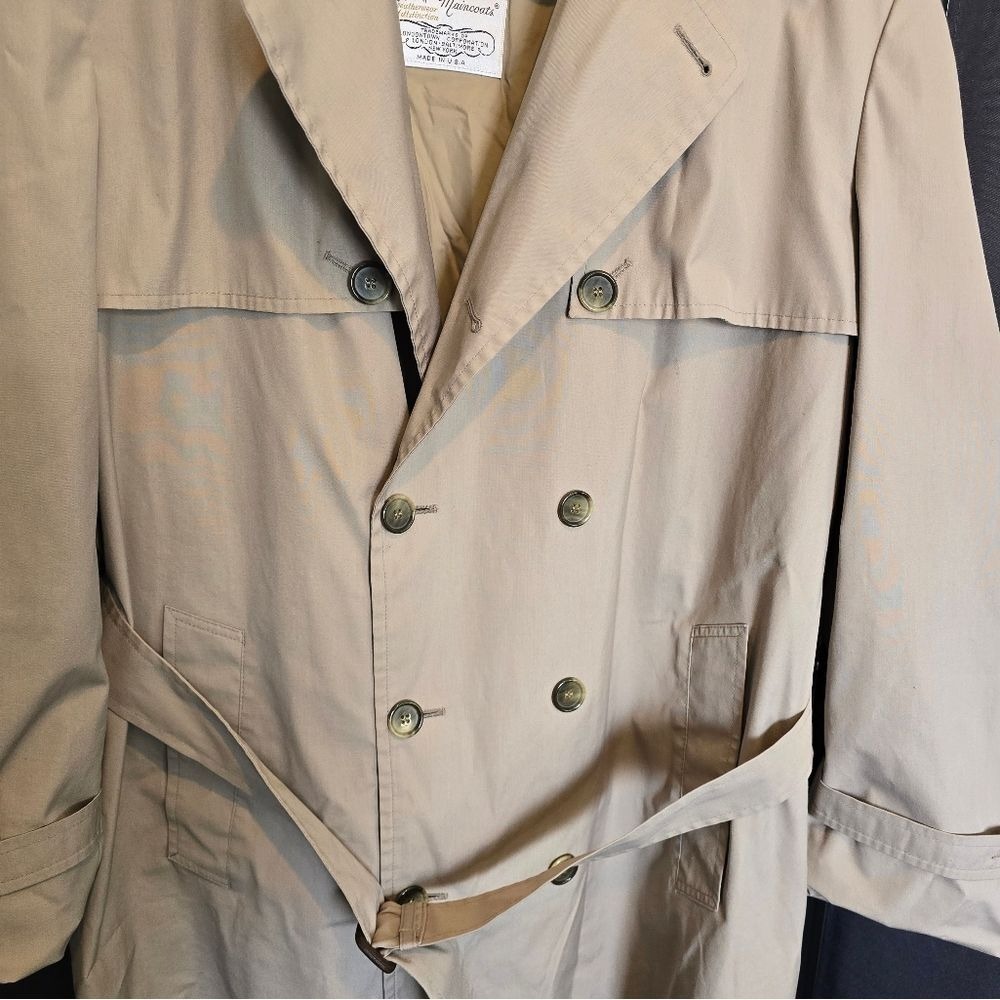 London Fog Maincoats Mens 46 Long Tan Beige Double Breasted Trench Coat Belted‎ - Picture 2 of 7